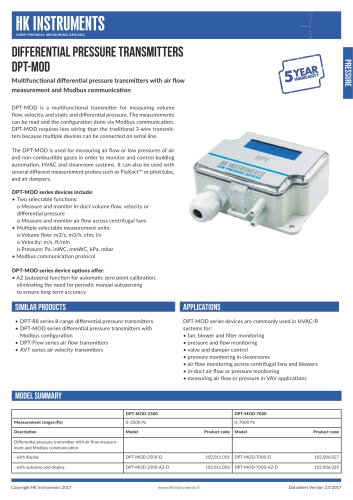 DPT-MOD Differential pressure transmitter with air flow measurement and Modbus