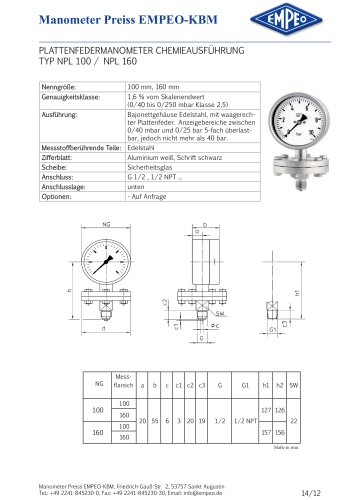 PLATTENFEDERMANOMETER CHEMIEAUSFÜHRUNG TYP NPL 100 / NPL 160