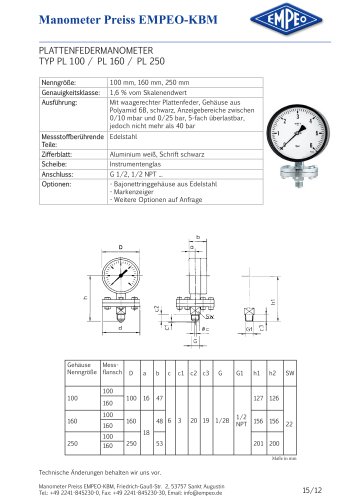 PLATTENFEDERMANOMETER  TYP PL 100 / PL 160 / PL 250