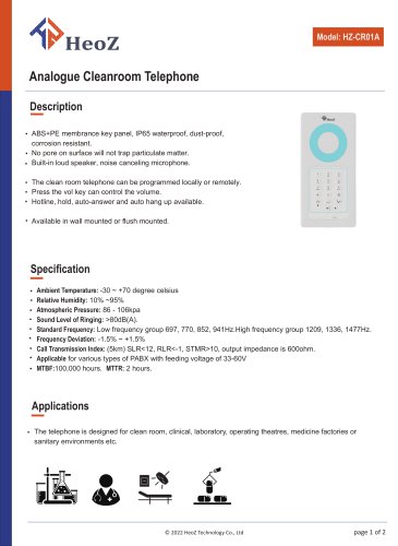 HZ-CR01A Analogue Cleanroom Telephone Datasheet