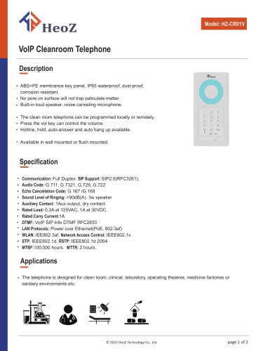 HZ-CR01V VoIP Cleanroom Telephone Datasheet