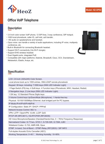 HZ-OP02 Office VoIP Telephone Datasheet
