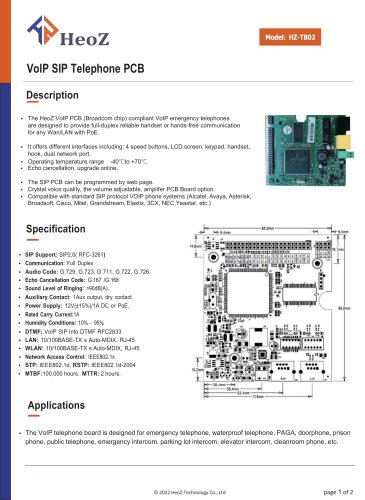 HZ-TB02 VoIP SIP Telephone PCB Datasheet