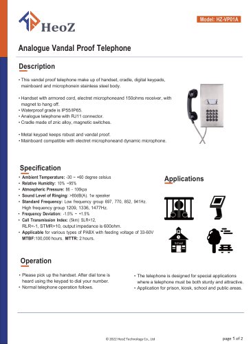 HZ-VP01A Analogue Vandal Proof Telephone Datasheet - V2