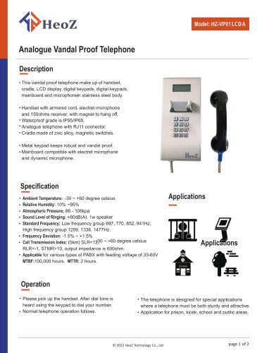 HZ-VP01LCDA Analogue Vandal Proof Telephone Datasheet
