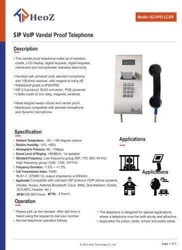 HZ-VP01LCDV Analogue Vandal Proof Phone Datasheet