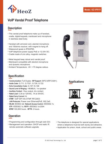 HZ-VP01V VoIP Vandal Proof Telephone Datasheet