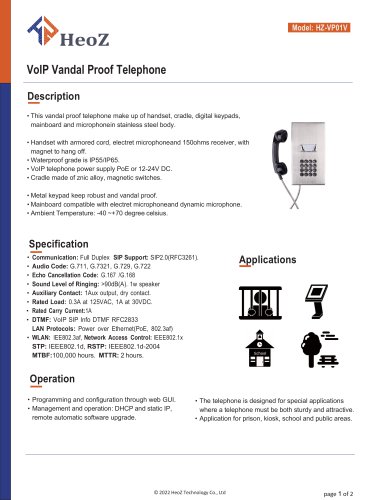 HZ-VP01V VoIP Vandal Proof Telephone Datasheet - V2