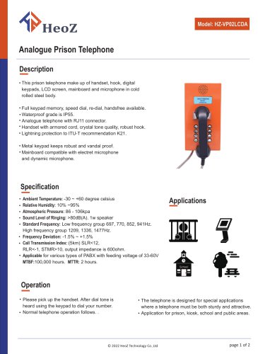 HZ-VP02LCDA Analogue Prison Telephone Datasheet