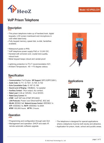 HZ-VP02LCDV VoIP Prison Telephone Datasheet