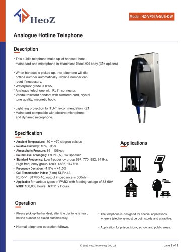 HZ-VP03A-SUS304-OW Analogue Industrial Hotline Phones Datasheet