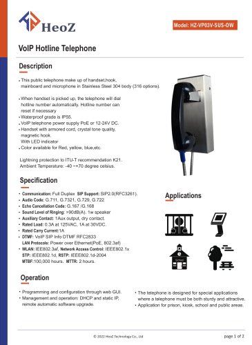 HZ-VP03A-SUS304-OW Analogue Industrial Hotline Phones Datasheet