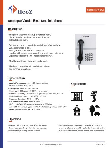HZ-VP04A Analogue Vandal Resistant Telephone Datasheet