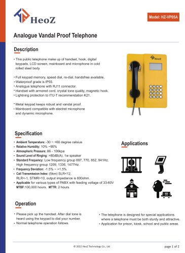 HZ-VP05A Analogue Vandal Proof Telephone Datasheet
