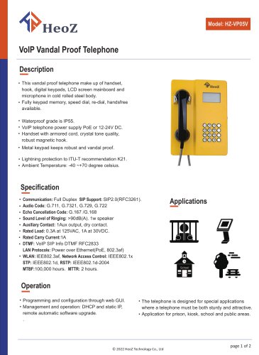 HZ-VP05V VoIP Vandal Proof Telephone Datasheet