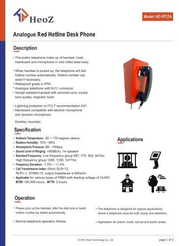 HZ-VP17A Analogue Red Hotline Desk Phone Datasheet