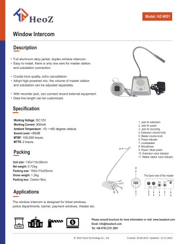 HZ-WI01 Window Intercom Datasheet