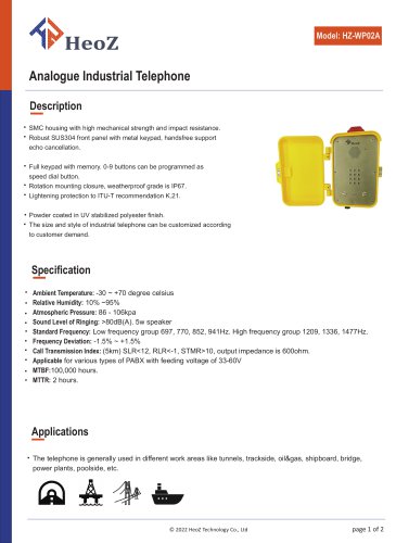 HZ-WP02A Analogue Industrial Telephone Datasheet