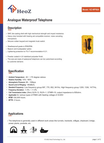 HZ-WP06A Analogue Waterproof Telephone Datasheet