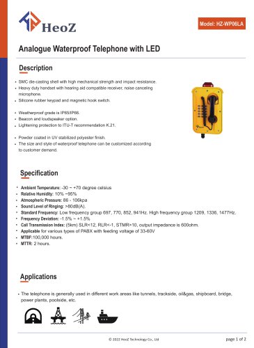 HZ-WP06LA Analogue Waterproof Telephone with LED Datasheet