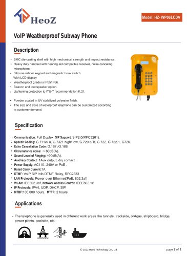 HZ-WP06LCDV VoIP weatherproof subway phone Datasheet