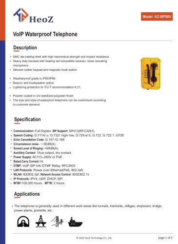 HZ-WP06V VoIP Waterproof Telephone Datasheet