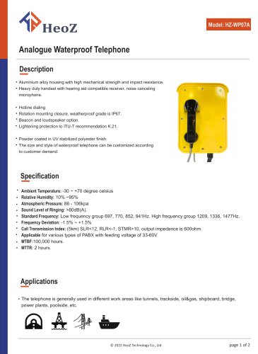 HZ-WP07A Analogue Tunnel Telephone Datasheet