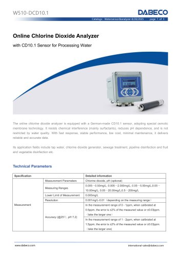 W510-DCD10.1 Online Chlorine Dioxide Analyzer with CD10.1 Sensor for Processing Water