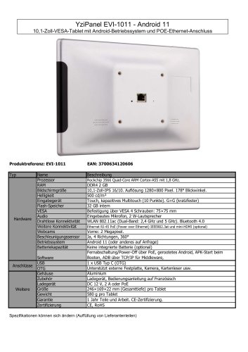 EVI-1011 : 10,1-Zoll-VESA-Tablet mit Android-Betriebssystem und POE-Ethernet-Anschluss