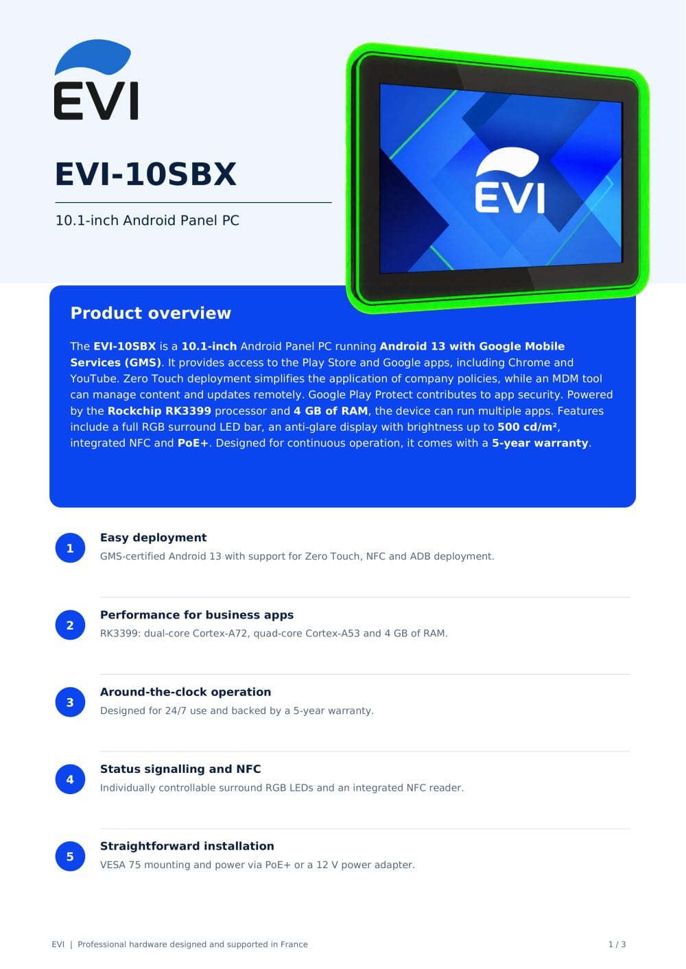 EVI-10SBX - 10.1&Prime; Android tablet with GMS, PoE+ and a 5-year warranty - EVI SAS