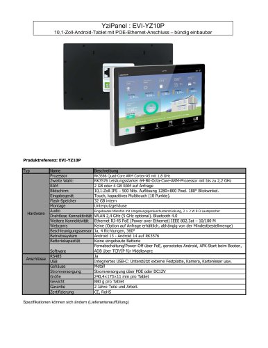 EVI-YZ10P : 10,1-Zoll-Android-Tablet mit POE-Ethernet-Anschluss &ndash;b&uuml;ndig einbaubar