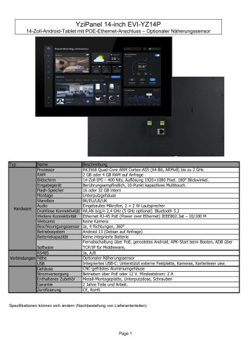 EVI-YZ14P : 14-Zoll-Android-Tablet mit POE-Ethernet-Anschluss &ndash; Optionaler N&auml;herungssensor