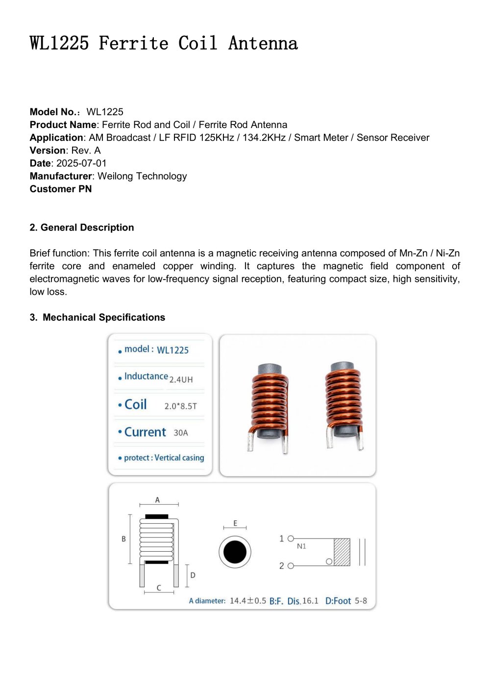 WL1225 Ferrite Coil Antenna - Weilong Intelligent Technology (Dongguan) Co., Ltd.