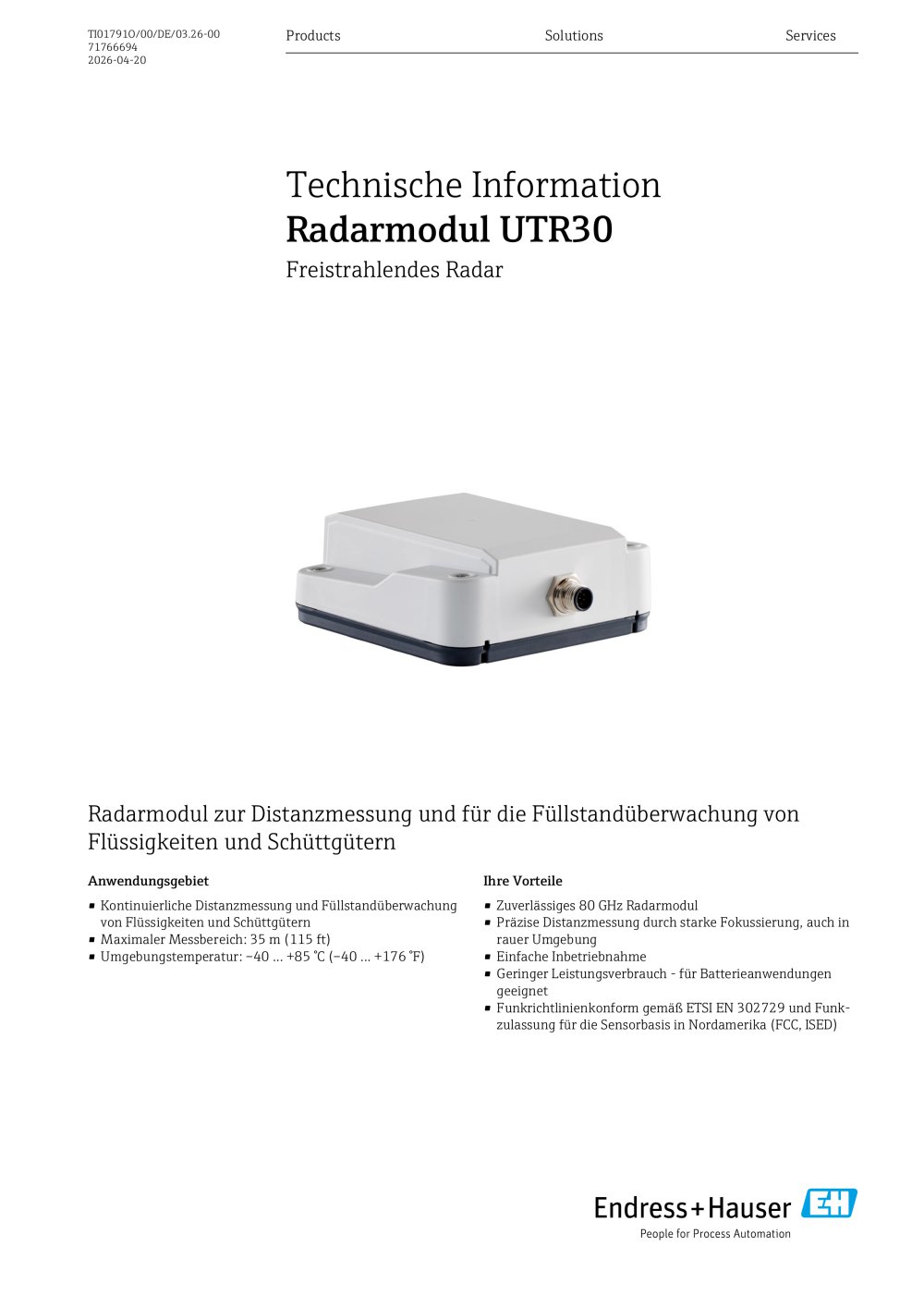 Technische Information - Radarmodul UTR30 - Endress+Hauser Sensors & Components