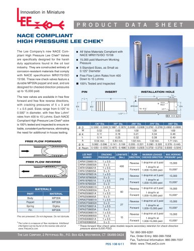 NACE Compliant High Pressure Lee Chek Product Data Sheet