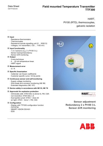 TTF300 - Field mounted Temperature Transmitter, HART, Pt 100 (RTD), thermocouples, electrical isolation