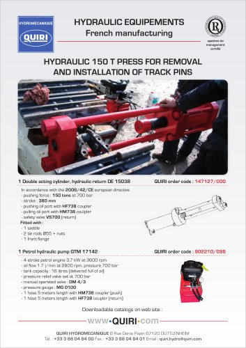 HYDRAULIC  PRESS FOR REMOVAL & INSTALLATION OF TRACK PINS - 150 Tons