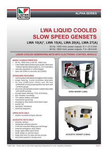 LWA Liquid Cooled Slow Speed Gensets