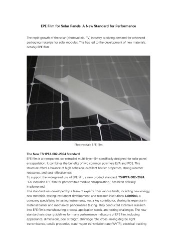 A New Standard Performance of EPE Film for Solar Panels - WVTR, Tensile Performance and Peel Strength