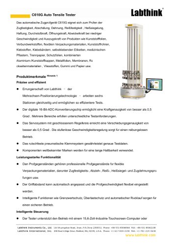 Automatischer Zugpr&uuml;fer C610G &ndash; 6 Stationen f&uuml;r Zugfestigkeit, Sch&auml;lfestigkeit, Dehnung, Rei&szlig;festigkeit, Hei&szlig;siegelfestigkeit, Haftung, Durchsto&szlig;kraft, &Ouml;ffnungskraft, Abwickelkraft bei niedriger Geschwindigkeit und Auszugskraft