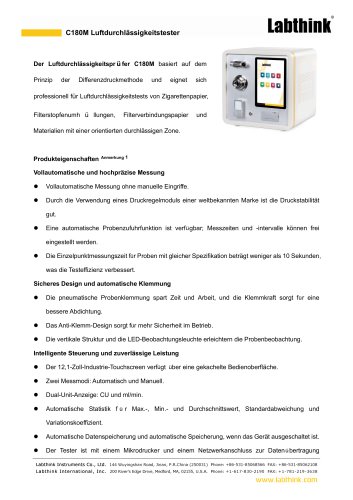 C180M Luftdurchl&auml;ssigkeitspr&uuml;fger&auml;t f&uuml;r Zigarettenpapier, Filterstopfen-Ummantelung, Filterverbindungspapier und Materialien mit einer orientierten durchl&auml;ssigen Zone