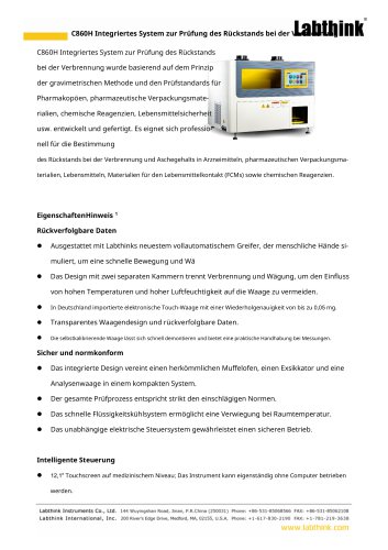 C860H Integriertes Pr&uuml;fsystem zur Bestimmung des Gl&uuml;hr&uuml;ckstands - Sulfataschegehalt in Arzneimitteln