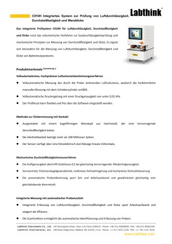 Labthink C910H Integriertes System zur Prüfung von Luftdurchlässigkeit, Durchstoßfestigkeit und Dicke