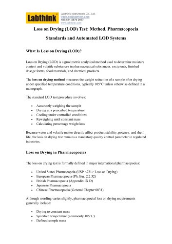 Loss on Drying (LOD) Test - Method, Pharmacopoeia Standards and Labthink Automated LOD Systems