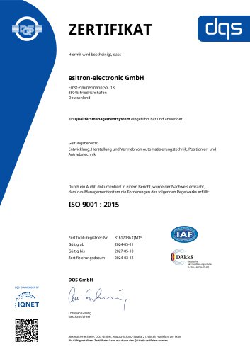 Zertifikat esitron DQS Qualitätsmanagement ISO 9001:2015