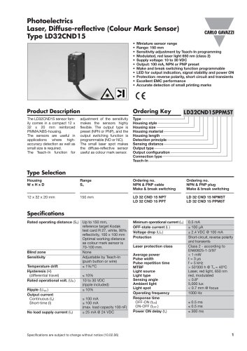 Photoelectrics Laser, Diffuse-reflective (Colour Mark Sensor) Type LD32CND15