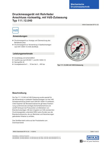 Bourdon tube pressure gauge, back mount, with VdS approval