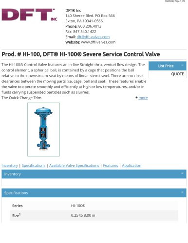 Prod. # HI-100, DFT® HI-100® Severe Service Control Valve