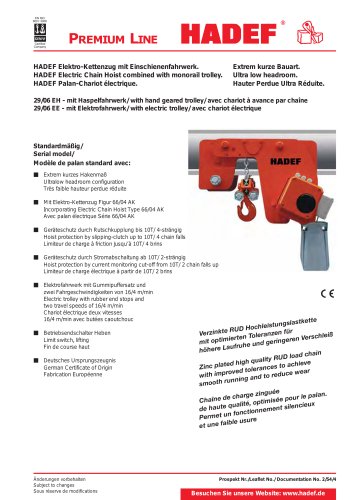 29/06 E  Electric Chain Hoist  ULTRALOW HEADROOM