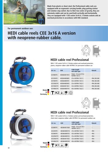 HEDI cable reels CEE 3x16 A version with neoprene-rubber cable.